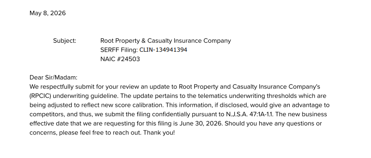 RileyE645's tweet photo. recent $root serff filing for NJ as they appear to be nearing a launch https://t.co/EliDCOBn5R