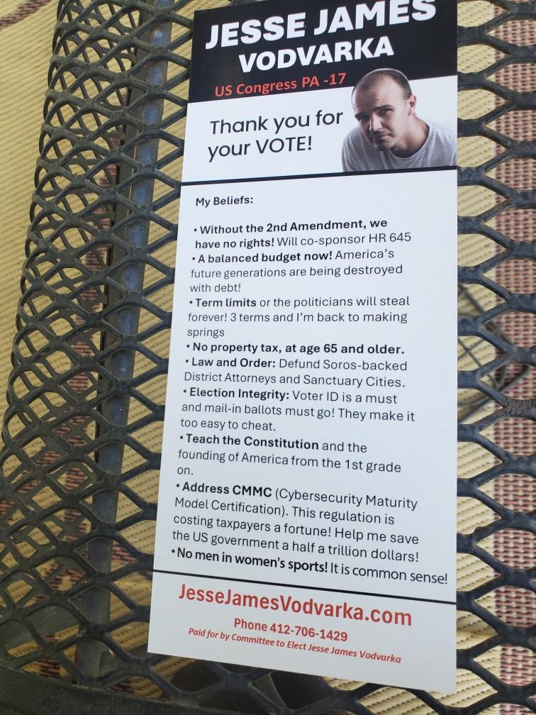 wambo161's tweet photo. Attention PA voters. The Pennsylvania Primary election is tomorrow. Who are you voting for and why? This guy, Jesse James Vodvarka seems to be a good choice for District 17. What do you think? @ScottPresler @DonaldTrump https://t.co/hzg08hOGaG