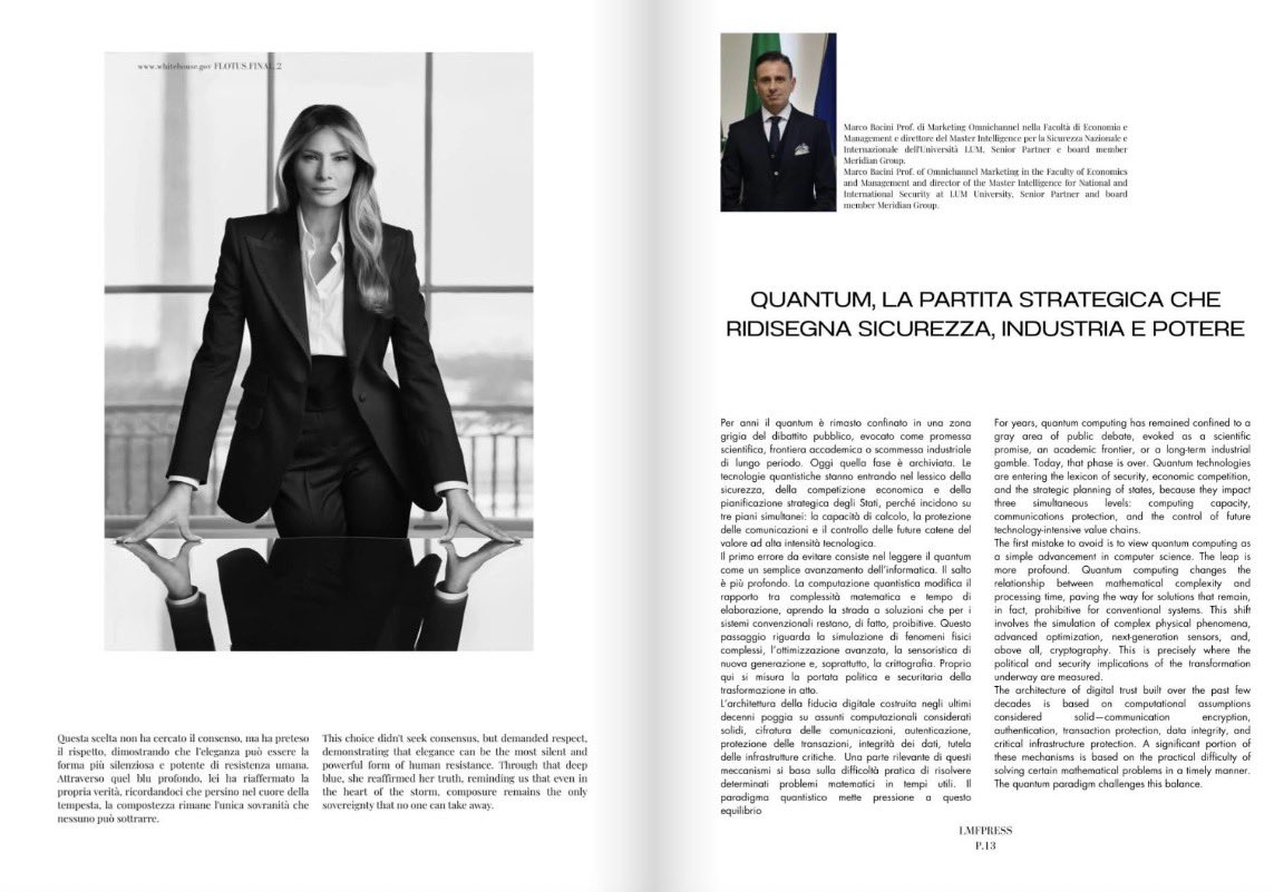 MarcoBacini's tweet photo. Anche questo mese LMF Press ha dato spazio ad una mia riflessione, questa volta sul quantum, tema che sta entrando con forza nella sicurezza, nell’industria e nella competizione geopolitica. Le tecnologie quantistiche aprono una partita nuova, su protezione dei dati, sicurezza delle comunicazioni, sovranità tecnologica e controllo delle future catene del valore.
È una trasformazione da comprendere per tempo, con visione strategica, cultura della sicurezza e capacità di anticipare i cambiamenti.  Grazie all'Editore Mariangela Bonaparte come sempre per lo spazio.
Qui potete leggere tutta la rivista: https://t.co/3gg282COlI