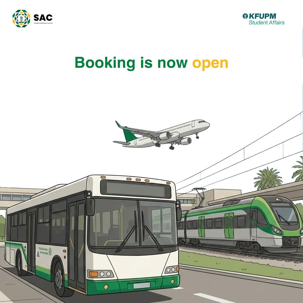 KFUPM_SAC's tweet photo. يعلن المجلس الاستشاري الطلابي عن فتح التسجيل الآن لحافلات رحلات المغادرة من مطار الدمام عبر موقع الحجز: https://t.co/O26kr16jQt

The Student Advisory Council (SAC) announces that booking for Dammam Airport departure trips buses is now open via: https://t.co/O26kr16jQt https://t.co/bvnjOAQl6n