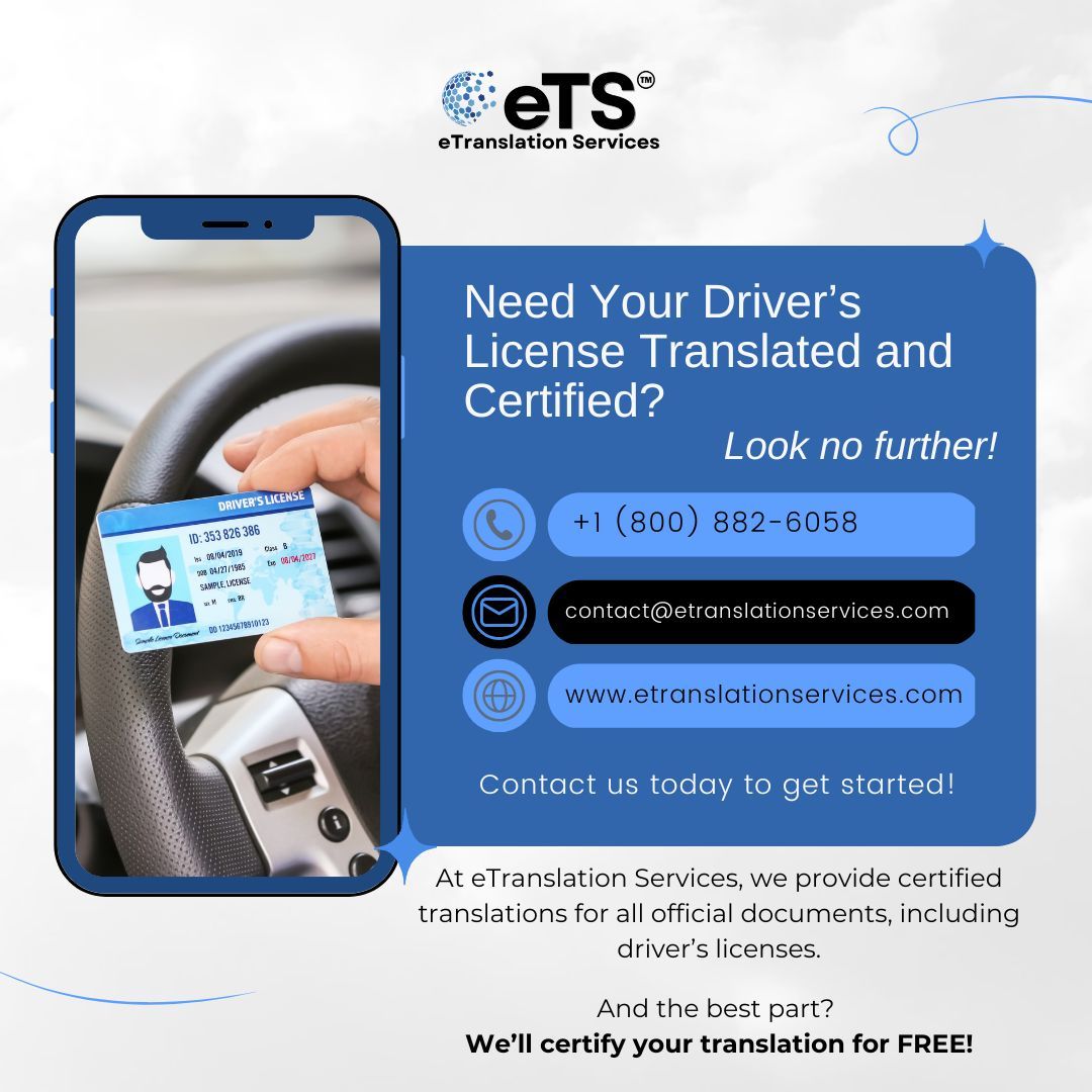 eTranslationSe2's tweet photo. Need your driver’s license translated and certified? 🚗📄

ETS makes the process simple. We provide certified translations for official documents with fast turnaround times and professional accuracy — and we’ll certify your translation for FREE.

Contact us today and let’s get your documents ready.

#CertifiedTranslation #DriversLicense #DocumentTranslation #TranslationServices #ImmigrationDocuments #eTranslationServices #OfficialDocuments
