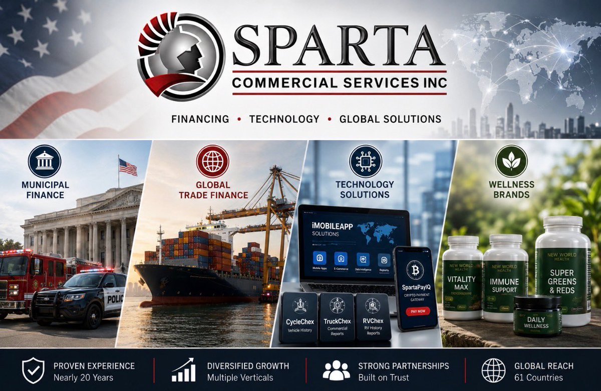 CS_MarketingInc's tweet photo. Sparta Commercial Services, Inc. | OTCQB: $SRCO

As municipalities across America confront escalating infrastructure demands amid persistent budget constraints, Sparta Commercial Services is emerging as the indispensable partner delivering game-changing solutions.

Its flagship Municipal Lease Purchase Financing programs empower local governments to acquire critical equipment — from emergency vehicles and public safety systems to essential maintenance contracts — through flexible, tax-exempt structures that preserve cash flow and accelerate modernization.

Fresh off the successful completion of key financing transactions with the Town of Gifford, South Carolina in March 2026, and backed by nearly two decades of flawless execution, $SRCO is strategically positioned to dominate this vital sector.

At its current valuation, this fintech innovator remains profoundly undervalued, setting the stage for explosive growth as nationwide public-sector investment surges in the years ahead.

#MunicipalFinance #InfrastructureRevolution #FintechLeadership #Ad
@Sparta_SRCO