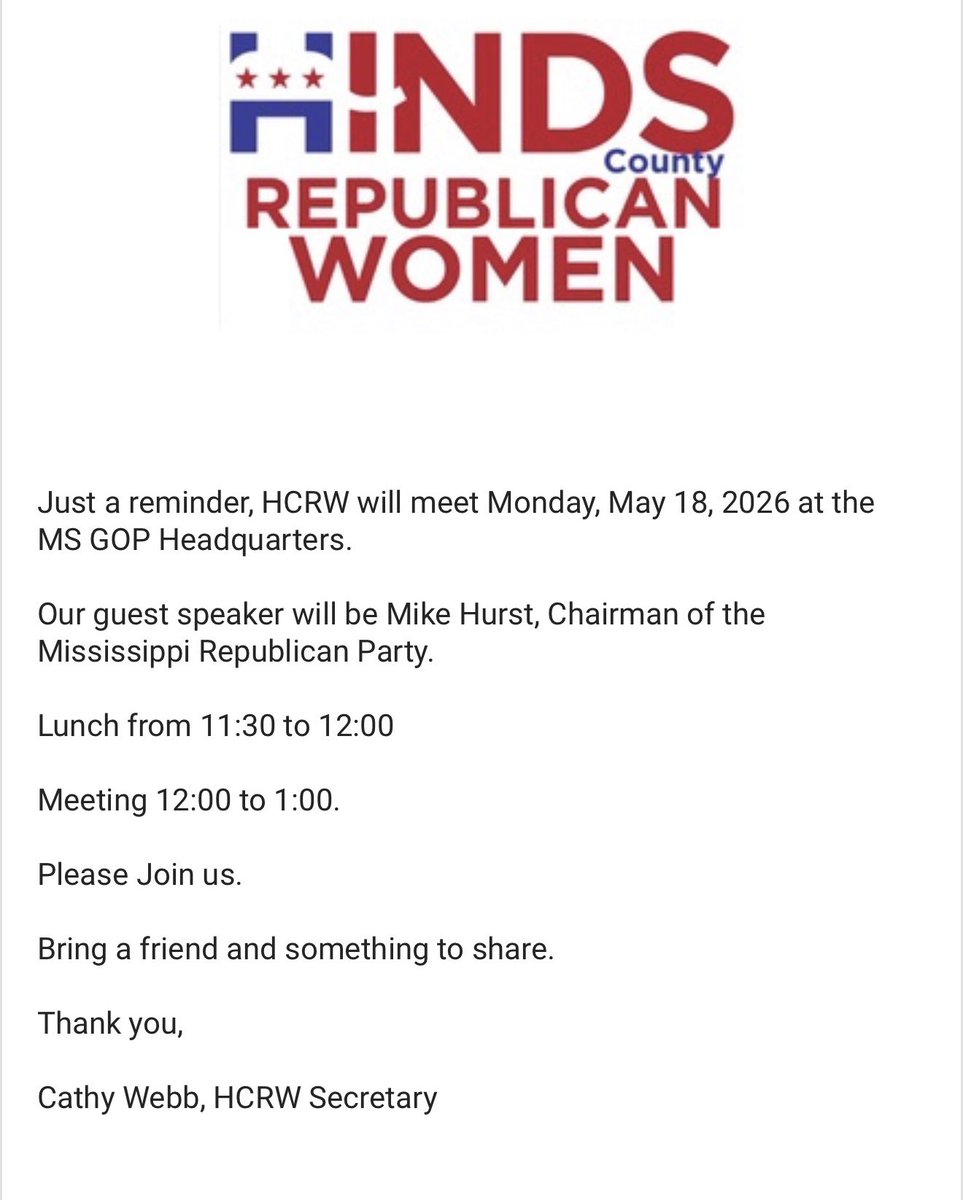 VoteRon's tweet photo. Check out ronellerforcongress Ron Eller's video! #TikTok https://t.co/DYKuTj9A0g

HCRW will meet Monday, May 18, 2026 at the
MS GOP Headquarters.
Our guest speaker will be Mike Hurst, Chairman of the Mississippi Republican Party.
Lunch from 11:30 to 12:00
Meeting 12:00 to 1:00. https://t.co/3D06hdCDTH