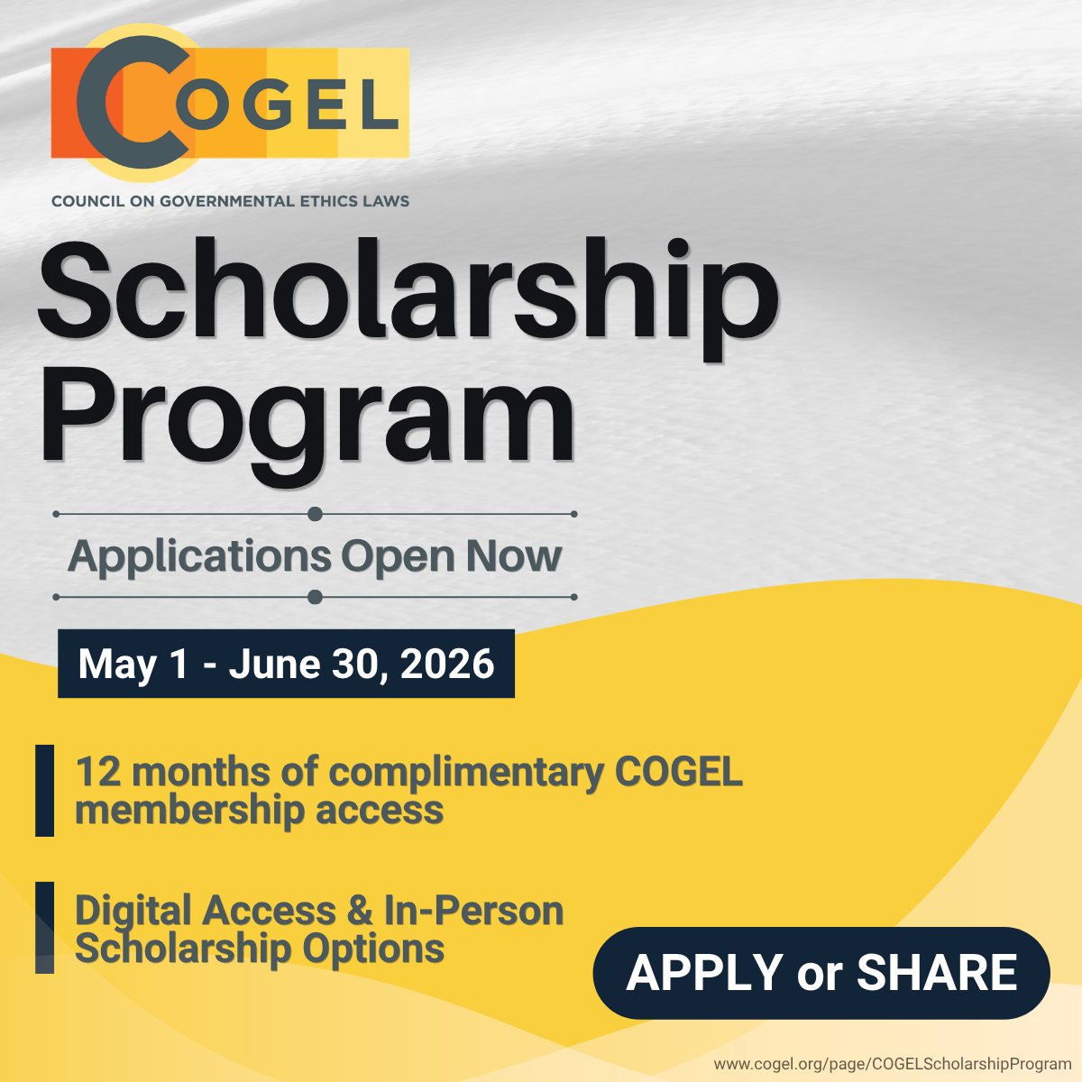 COGELinfo's tweet photo. Know an organization that could benefit from joining COGEL?

The COGEL Scholarship Program provides eligible organizations with a 12-month organizational membership waiver. Applications are open through June 30.

Share this opportunity or apply today:  https://t.co/y0nNh91r04 https://t.co/cnuYAqZWYv