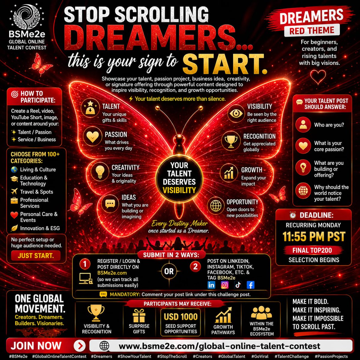 BSMe2e's tweet photo. 🚨 STOP SCROLLING DREAMERS… this is your sign to START. Show your talent, passion, business, or creativity to the world 🌍 Reels, Shorts, videos &amp; more accepted. ✨ Visibility ✨ Recognition ✨ USD1000 support opportunities 

Join👇
https://t.co/uh6n77pahC

#BSMe2e https://t.co/ZxqB7yVHoz