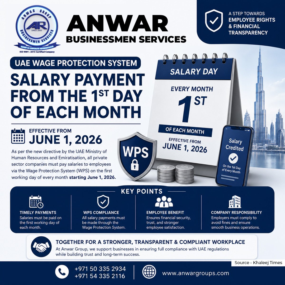 AnwarTyping's tweet photo. Private sector salaries must be paid on the 1st of every month, starting 01.06.2026.

✅ Pay minimum 85% of total wages to be considered compliant
✅ From Day 5 of delay — work permit suspension
✅ From Day 21 — legal action &amp; prosecution for companies with 50+ workers https://t.co/OWvVir73TN