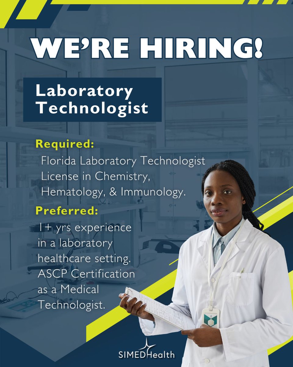 SIMEDHealth's tweet photo. Help us deliver timely, accurate results for SIMEDHealth patients! Our medical laboratory in Gainesville is looking for an experienced lab tech to join the team. https://t.co/TT9HyCw1a6 
#Hiring #FLJobs #FloridaJobs https://t.co/fcWcVVk3CT