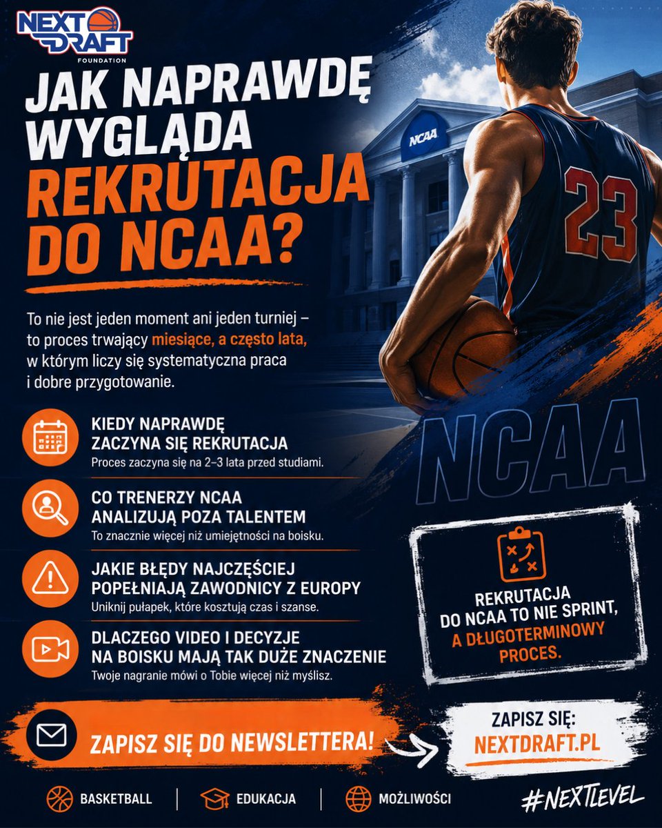 f_nextdraft's tweet photo. Jak naprawdę wygląda rekrutacja do NCAA?🏀

📌 kiedy zaczyna się rekrutacja
📌 co trenerzy NCAA analizują poza talentem
📌 najczęstsze błędy zawodników z Europy

Dzisiejszy newsletter właśnie o tym👇
📩 Zapisz się do newslettera: https://t.co/daq1JHt4zr

#plkpl #basketball https://t.co/IUHodJLbBA