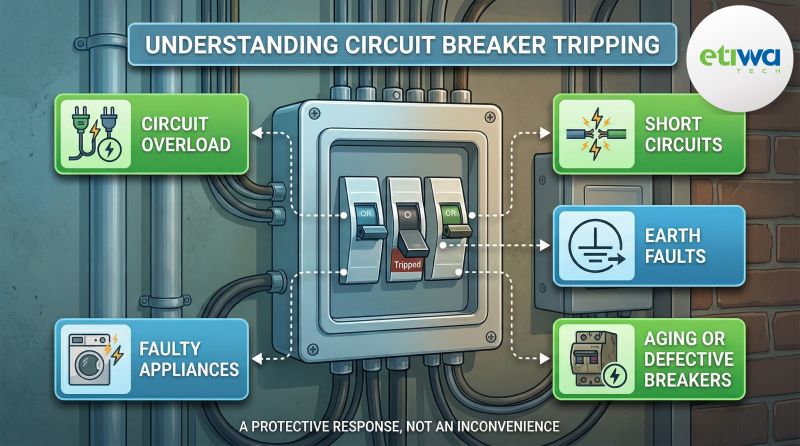 EtiwaTech's tweet photo. Circuit breaker tripping? It's a safety alert, not a nuisance. Causes: overload, faulty appliances, shorts, earth leaks, or aging breakers. Don't ignore it, diagnose properly. Safe systems start with good design. ⚡ #EtiwaTech #ElectricalSafety https://t.co/XYDxLGpPd8