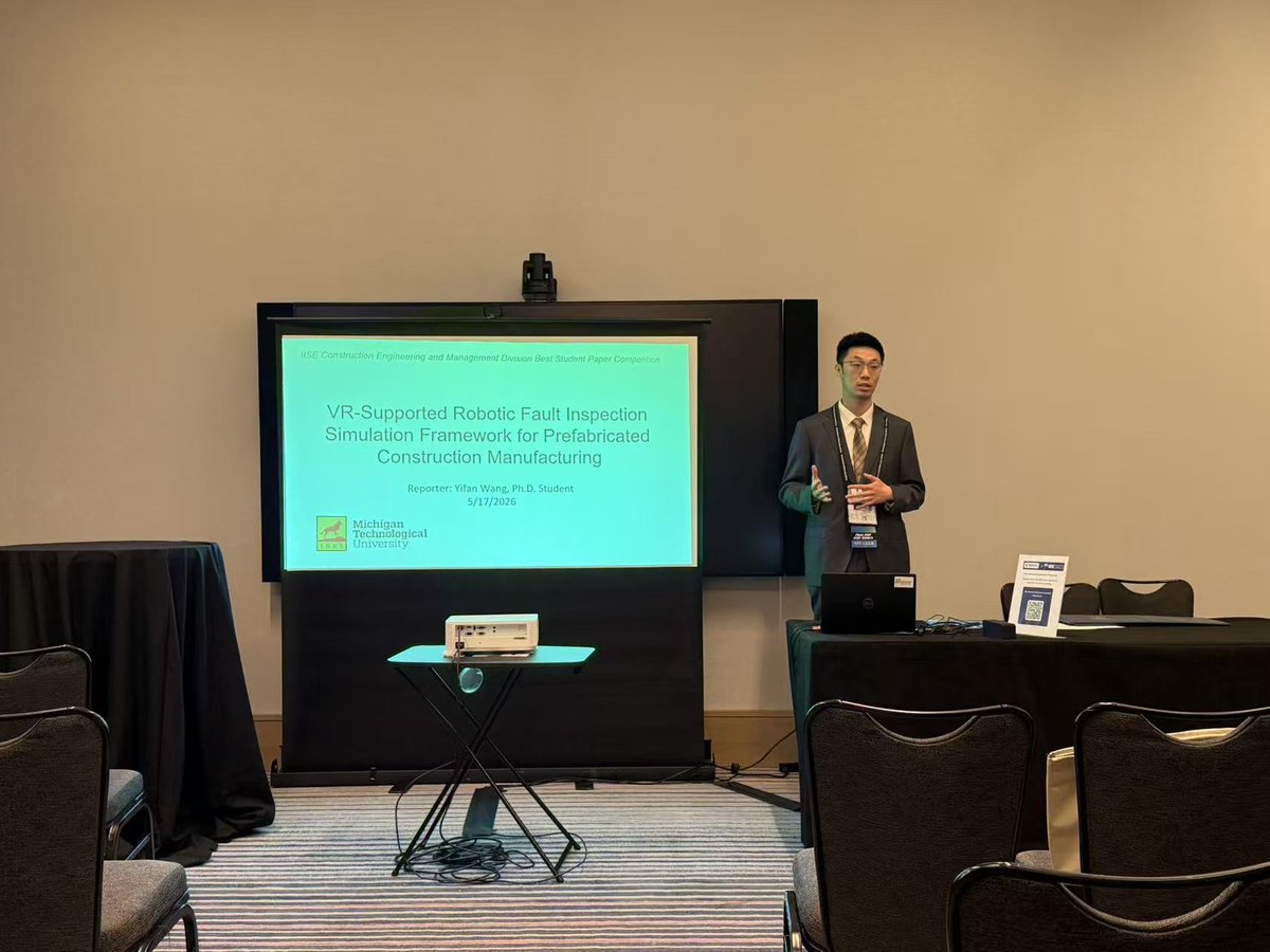 mtucege's tweet photo. Congratulations to PhD student Yifan Wang on receiving the Best Student Paper Award in the Construction Track at #IISE2026! 

Advised by Dr. Bo Xiao, Yifan presented his award-winning research on May 17 at the Construction Engineering &amp; Management Town Hall.

#MTUResearch https://t.co/S5sZZONt4v