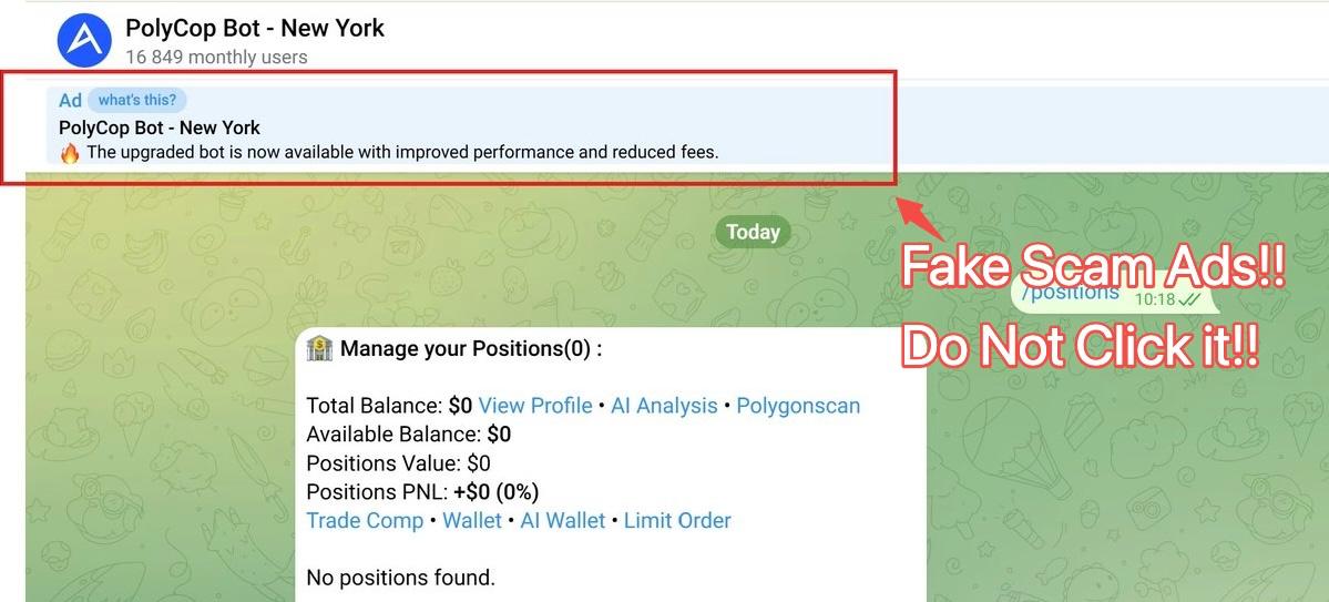 PolyCop_Watch's tweet photo. 🛡 Security Reminder

Your security is PolyCop's top priority. Please take a moment to read this to keep your assets safe.

⚠️ DO NOT click the advertisement at the top of our bot!

These are fake scam ads placed via Telegram's network. Clicking them could lead to your wallet being drained. Scammers are also actively creating fake copycat bots in the search bar.

The best way to protect yourself is to PIN OUR OFFICIAL BOT to the top of your chat list.

• Always access the bot directly from your pinned chats or our official link: https://t.co/BU7luEYqiV
• Never click the sponsored ads at the top of the chat.
• Never search for "PolyCop" in the Telegram search bar every time you want to use it.

Note: Our team will NEVER DM you first or ask for your funds/keys. Anyone doing so is a scammer—please block them immediately.

Stay vigilant and trade safely! 🛡