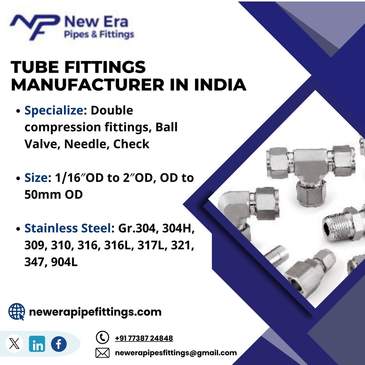 newerapipe's tweet photo. High Quality Tube Fittings Manufacturer in India - New Era Pipes &amp; Fittings  New Era Pipes &amp; Fittings is one of the largest Tube Fittings Manufacturers, Supplier, and Exporter in India.     
Product source: https://t.co/J7pjIEjRfE #tubefittingsmanufacturers #tubefittings https://t.co/FRs5UwvjyZ