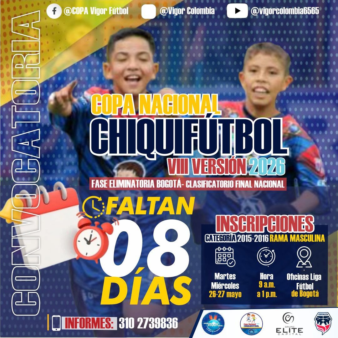 henryzipa's tweet photo. ¡ESTAMOS 8 DÍAS ‼️🧒🏻⚽👶🏻
INSCRIPCIONES VIII Edición Eliminatoria Chiquifútbol Bogotá

🧒🏻⚽👶🏻 CHIQUIFÚTBOL, donde el talento se hace presente y se luce con cada jugada, cada gol y cada atajada ¡Chiquifútbol el torneo infantil con la💰 mejor premiación de América Latina‼️ https://t.co/ri6Gc7nKeh