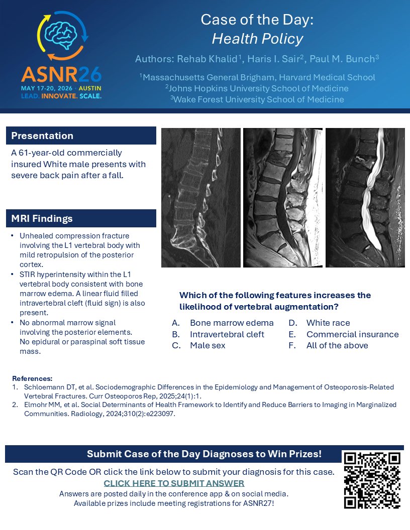 TheASNR's tweet photo. #ASNR26 #COTD: Monday Health Policy
Thx to Drs. Khalid, Sair, Bunch
 
NO SPOILERS!!! Give answers as GIFs ONLY.
Answer tomorrow morning.
#ASNR26 #Neuroradiology #FOAMed #RadRes #MedEd https://t.co/q5HUQqsc4Y