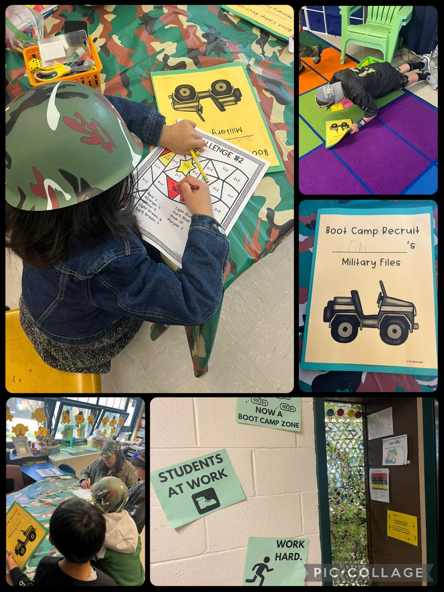 VMESMustangs's tweet photo. Mrs. Hernandez’s students reported to “boot camp” last week and got into full recruit mode, army hats and all! Students rotated through stations where they practiced academic skills while also taking on physical challenges like push ups. 💪📚 @Brick_K12 @BTPSLearns @BrickSupt https://t.co/DWFcXmPr1X