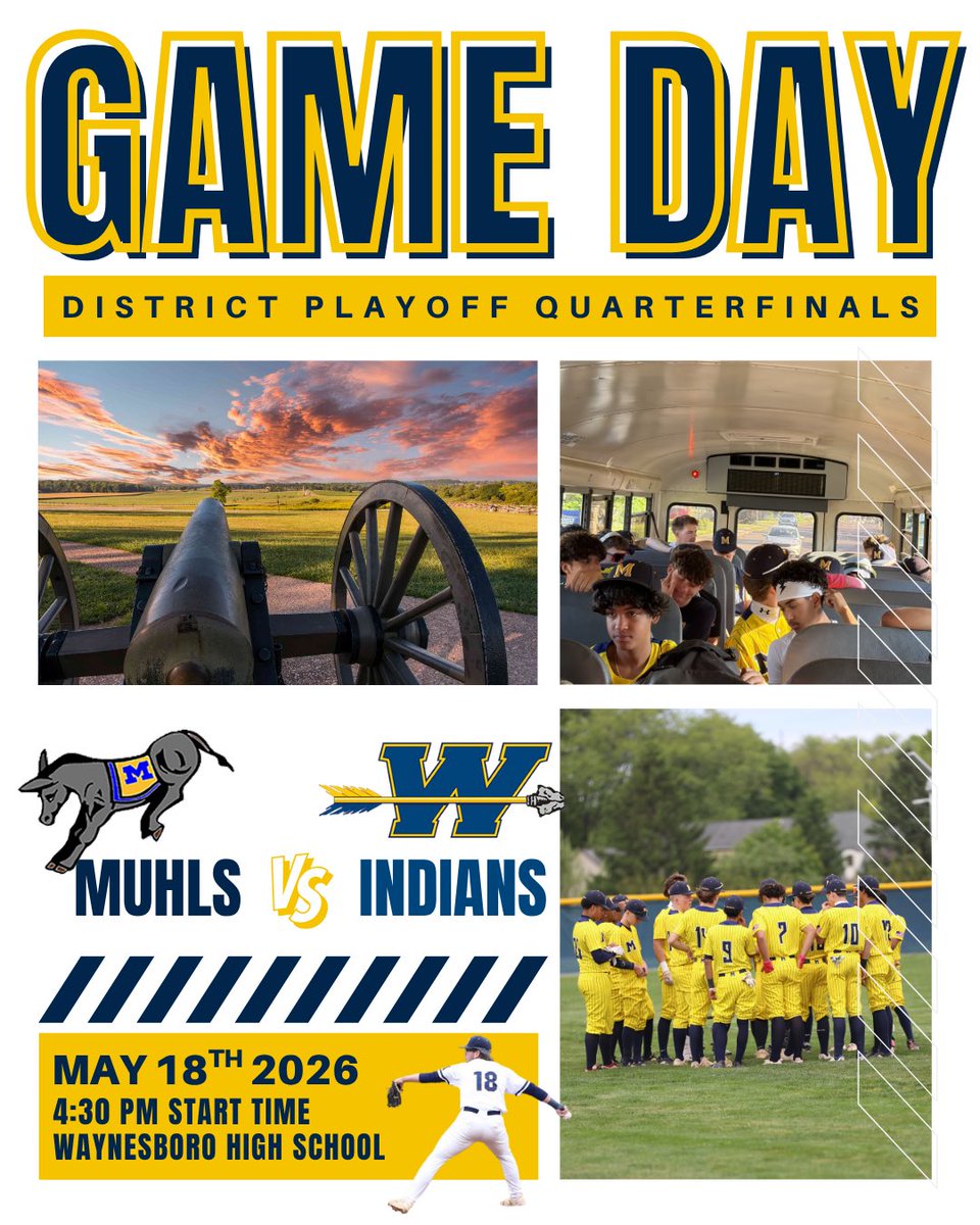 MuhlsBaseball's tweet photo. GAMEDAY!! The Muhls are traveling to Waynesboro for their district quarterfinals matchup at 4:30 pm. Quick walk around Gettysburg Battlefield beforehand for some bonding #gomuhls https://t.co/m5g9LCaQxV