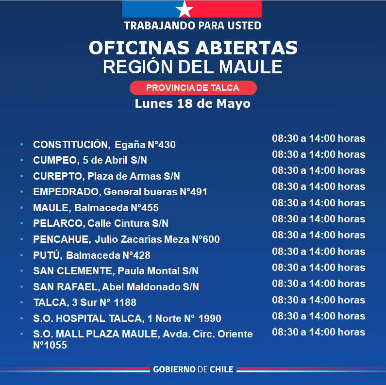 Regcivil_Maule's tweet photo. 🏢 Estas son algunas de nuestras oficinas abiertas en la Región del Maule ✅️
⏰️ Horarios de atención de 08:30 a 14:00 hrs.
Te invitamos a visitar nuestras oficinas a lo largo de la región, realiza tus trámites de manera ágil, segura y oportuna.
Desliza para más información 👉🏼 https://t.co/IlOEEiDjEo