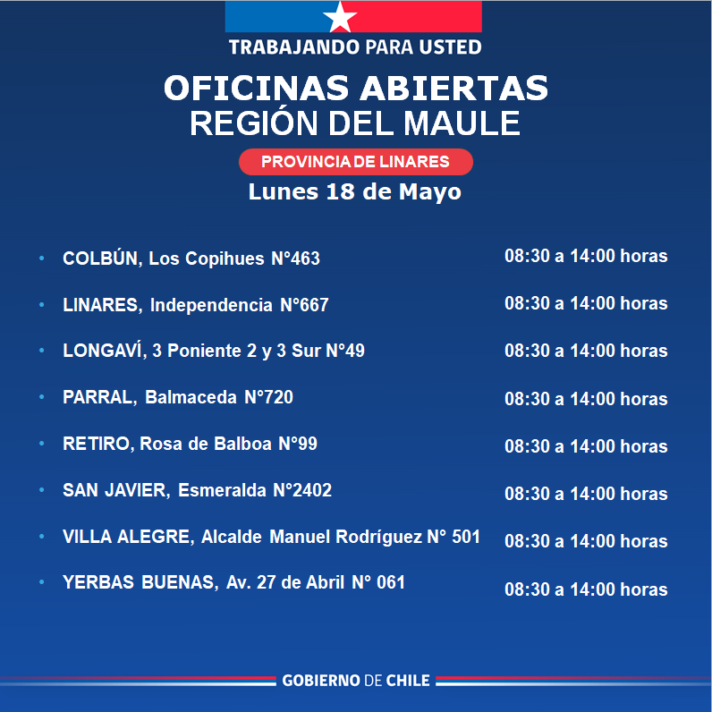 Regcivil_Maule's tweet photo. 🏢 Estas son algunas de nuestras oficinas abiertas en la Región del Maule ✅️
⏰️ Horarios de atención de 08:30 a 14:00 hrs.
Te invitamos a visitar nuestras oficinas a lo largo de la región, realiza tus trámites de manera ágil, segura y oportuna.
Desliza para más información 👉🏼 https://t.co/IlOEEiDjEo