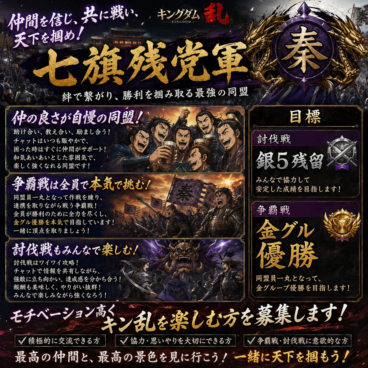 kokossdi's tweet photo. 七旗残党軍は、
争覇→金グル常連も猛者同盟に敵わず
討伐→銀5昇格しても後一歩で降格
という現状です！

私達は、キン乱を楽しむことを目標としています😁

討伐も、個人金グル昇格から維持できる攻略があり、
争覇も粘って残留する経験があります！

キン乱をもっと楽しみたい方を探しています😊 https://t.co/EoaCQbvcj0