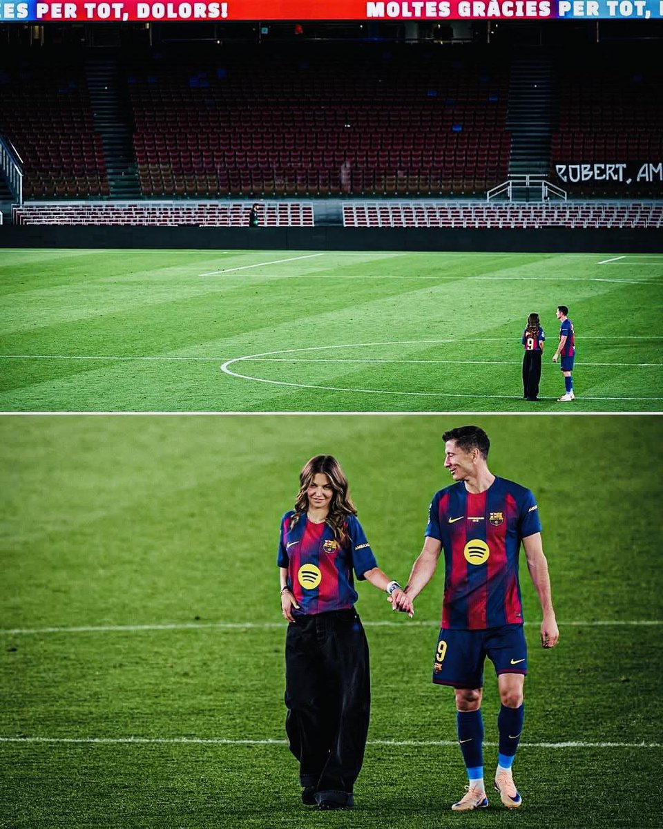 DeadlineDayLive's tweet photo. 🚨 Robert Lewandowski left Camp Nou at 00:08 in the night.

He spent a long time walking across every square metre of the pitch with his wife, friends and family. He took time to sing, dance and take hundreds of photos and selfies to savour every final moment inside the stadium.

He even wanted to take photos with EVERY member of the club staff, one by one.

He simply didn’t want to leave the stadium. He didn’t want the night to end. 💔🥹

(Source: @lluis7bou)