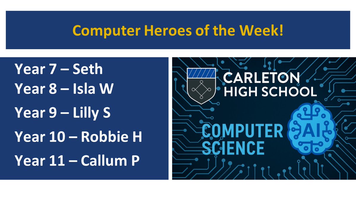 PATCarletonHigh's tweet photo. A shout out to our #computerheroes of the week. Well done to all our students for their hard work! #CHSComputerScience https://t.co/BpEFzUNpIA