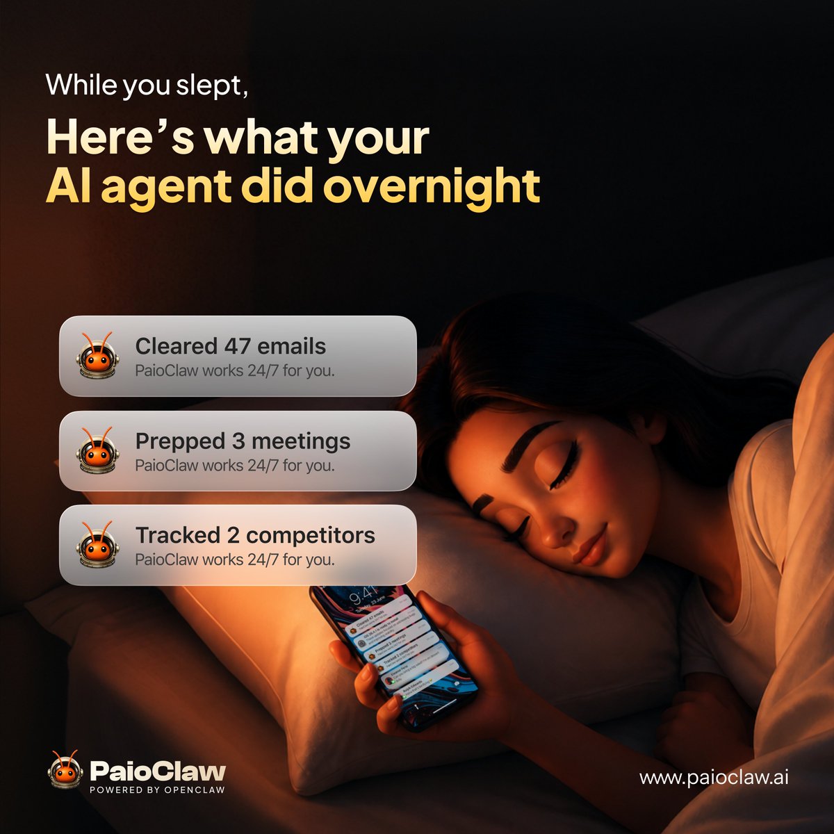 PaioClaw's tweet photo. Your PaioClaw agent doesn't stop when you do.
It runs 24/7 on WhatsApp, Telegram, or Slack  clearing your inbox, prepping your day, tracking your space etc. 

Prebuilt agents with real skills..

Start Free at https://t.co/3hraFborUe https://t.co/Xavg38B8xR