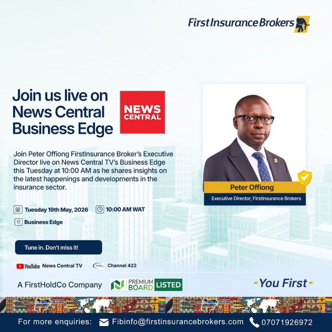 firstbrokers_'s tweet photo. Tomorrow at 10AM, Peter Offiong will be live on News Central TV’s Business Edge to discuss the latest updates and happenings in the insurance sector.

Be sure to tune in. https://t.co/FJ8emZSaLm