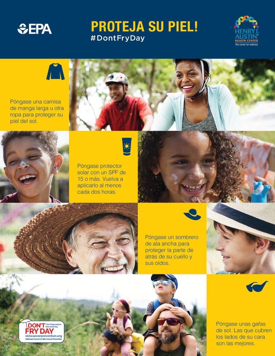 HJAHC's tweet photo. Enjoy Memorial Day, but don’t forget to protect your skin!

Slip on long sleeves, slop on SPF 15+ sunscreen, slap on a big hat, and wrap on sunglasses.

If you notice skin changes or have worries, call 609-278-5900 to schedule an appointment. https://t.co/pwzWAT3ik7