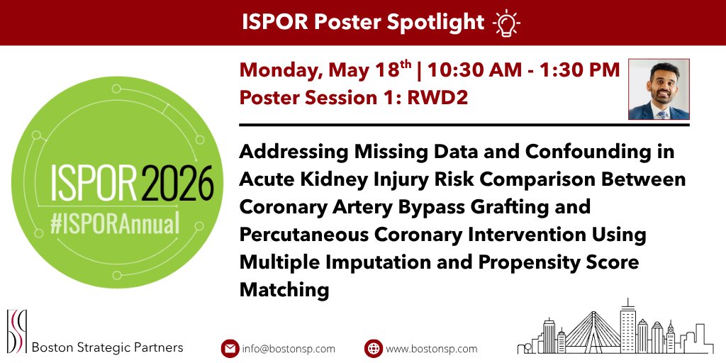 BostonSP's tweet photo. Our poster presentation at #ISPOR2026 compares the risk of acute kidney injury (AKI) between coronary artery bypass grafting (CABG) and percutaneous coronary intervention (PCI). https://t.co/cY36RXssFS