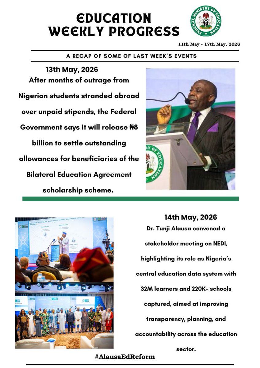 DonmaxwellV's tweet photo. A recap on Education weekly Progress and what the minister of Education @DrTunjiAlausa was up to last week. 
#AlausaEdReform https://t.co/fbq6k9vIgc