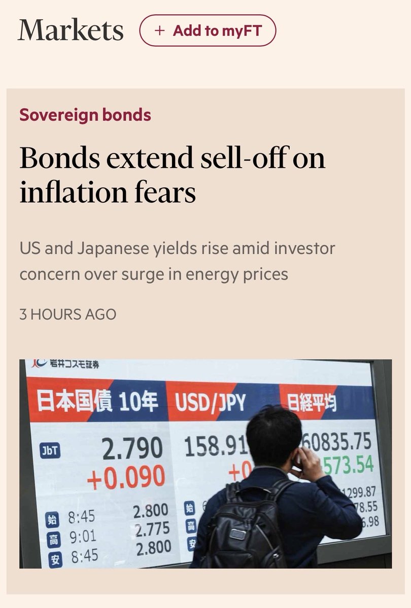 Vik_Chadha's tweet photo. UST’s and JGB’s continue to selloff as the Federal Reserve may have to eventually ditch their easing bias.

As Brent crude futures climb (rising above $110 a barrel earlier today) and cause concern about inflationary pressures, the global bond selloff continues and the effect of this is this being seen most in long end yields.

US 30 year yields have risen above the psychological 5% level and near to their highest since 2007. Meanwhile, Japan’s 30 year yields have surged to their highest since 1999 on fiscal concerns after the PM called for an extra budget.

Looking at other central banks, the market is pricing in an 85% chance of a hike from the ECB next month. Meanwhile, the UK 30 year gilt added over 25bps last week with UK politics driving the move and weakness in the cable currency pair.

News Headline Image Source: Financial Times (FT)

#macro #markets #rates #fx