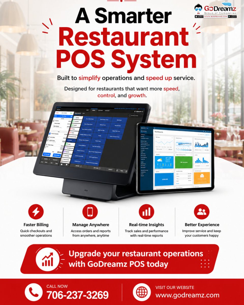 GoDreamz's tweet photo. Go Dreamz POS helps restaurants simplify operations, speed up service, and stay in complete control—from billing to real-time insights. https://t.co/oUQe4cBXZq