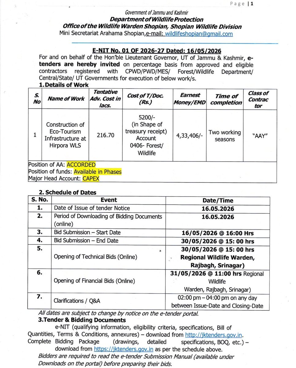 adv_kullay's tweet photo. Glad to share that the "construction of Eco-Tourism Infrastructure at Hirpora Wildlife Sanctuary," with a tentative cost of ₹216.70 lakhs, has been tendered out.

I personally pursued and followed up this project, considering its importance for promoting sustainable tourism and strengthening tourism infrastructure in Shopian constituency.

I remain committed to securing more funds for further tourism development across the constituency.
