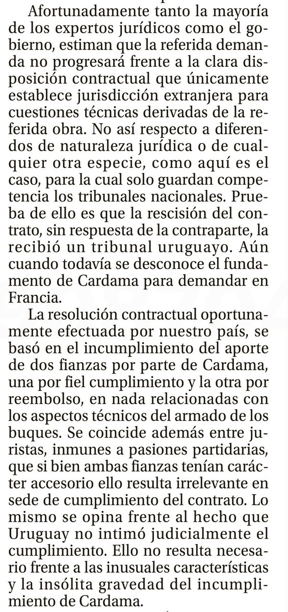 EPreve's tweet photo. 🔴 NO HA LUGAR

✔️ El abogado Heber Gatto, del Partido Independiente, asegura que la demanda internacional de CARDAMA contra Uruguay no prosperará porque el contrato (rescindido) “únicamente establece jurisdicción extranjera para cuestiones técnicas derivadas” de la construcción de las patrulleras.

✔️ Columna de Gatto hoy en El País ⬇️