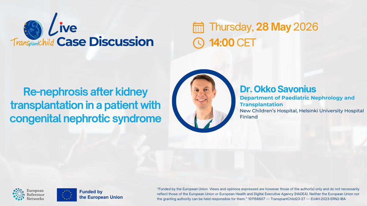 TransplantChild's tweet photo. 📣 NEW. On next week.

Contribute to the evaluation of this clinical case joining colleagues and exchanging live consultations.

SAVE THE DATE!
🗓 Thursday, 28th May 2026
🕑 14:00 CET

✉️ IMPORTANT: You have to write to coordination@transplantchild.eu for the access link. https://t.co/QhxCjSvUBA