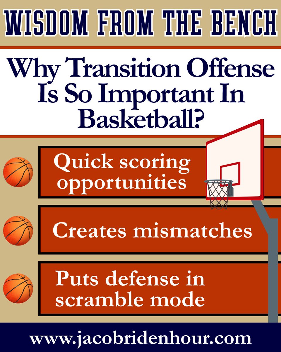 JacobRidenhour's tweet photo. For today’s #WisdomFromTheBenchMonday, let’s talk about why transition offense is so important in basketball. When teams push the pace, they create early scoring opportunities before the defense is set, force mismatches that can be exploited, and generate defensive confusion that leads to high-quality looks. It’s not just about speed—it’s about smart, intentional pressure that keeps opponents on their heels.

As a former ACC and SEC Championship–winning NCAA basketball coach, I’ve seen firsthand how mastering transition offense can completely shift momentum and dictate the flow of the game.

Follow me for more breakdowns on X’s & O’s, basketball IQ, and real coaching insights you won’t get in box scores—and visit my website at https://t.co/xQt2NL5ukU for more.

#WisdomFromTheBench #BasketballIQ #CoachingInsights #XandOs #HoopsAnalysis #GameStrategy #BasketballCoach #WinningBasketball #SportsIQ #GameManagement #NCAA #JacobRidenhour #CourtsideWithCoachJRide