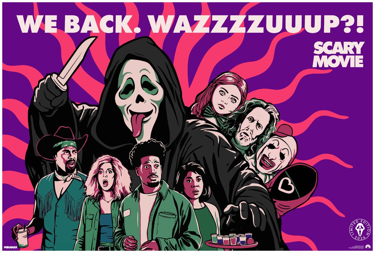 Fandango's tweet photo. Wazzzzuuupppp we’re back! Check out the Fandango exclusive art for #ScaryMovie🔪 

Get this exclusive free collector’s print when you see #ScaryMovie at the Fan Event on Thurs., 6/4 at 7PM. While supplies last at participating theatres - https://t.co/SwN3v5VmvH https://t.co/naQlk0sopr