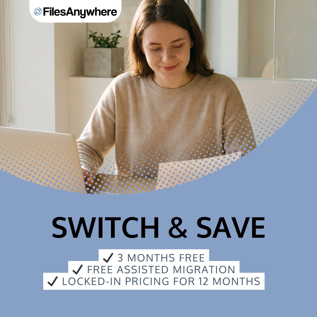 FilesAnywhere's tweet photo. Switch &amp; save with FilesAnywhere. Get 3 months free, assisted migration, and 12 months of locked-in pricing when you move platforms.

Start today at https://t.co/S608zeVSg9. https://t.co/jY3MZO3UP7