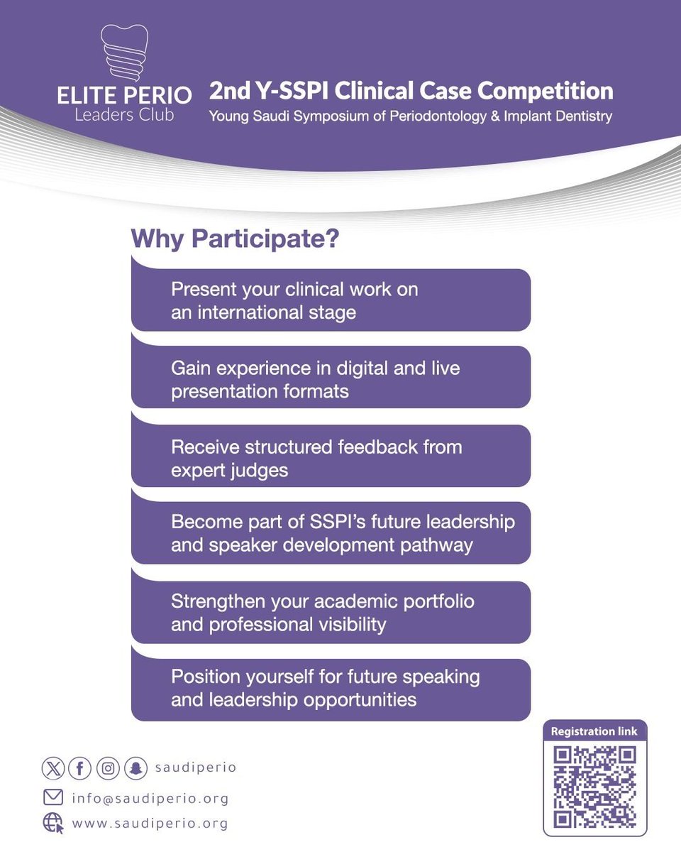 saudiperio's tweet photo. 📣 CALL FOR ABSTRACTS
2nd Y-SSPI Clinical Case Competition
Young Saudi Symposium of Periodontology &amp; Implant Dentistry
📍 King Saud University, Riyadh
🔗 https://t.co/BGZbhzdazq https://t.co/jAeyPr473s