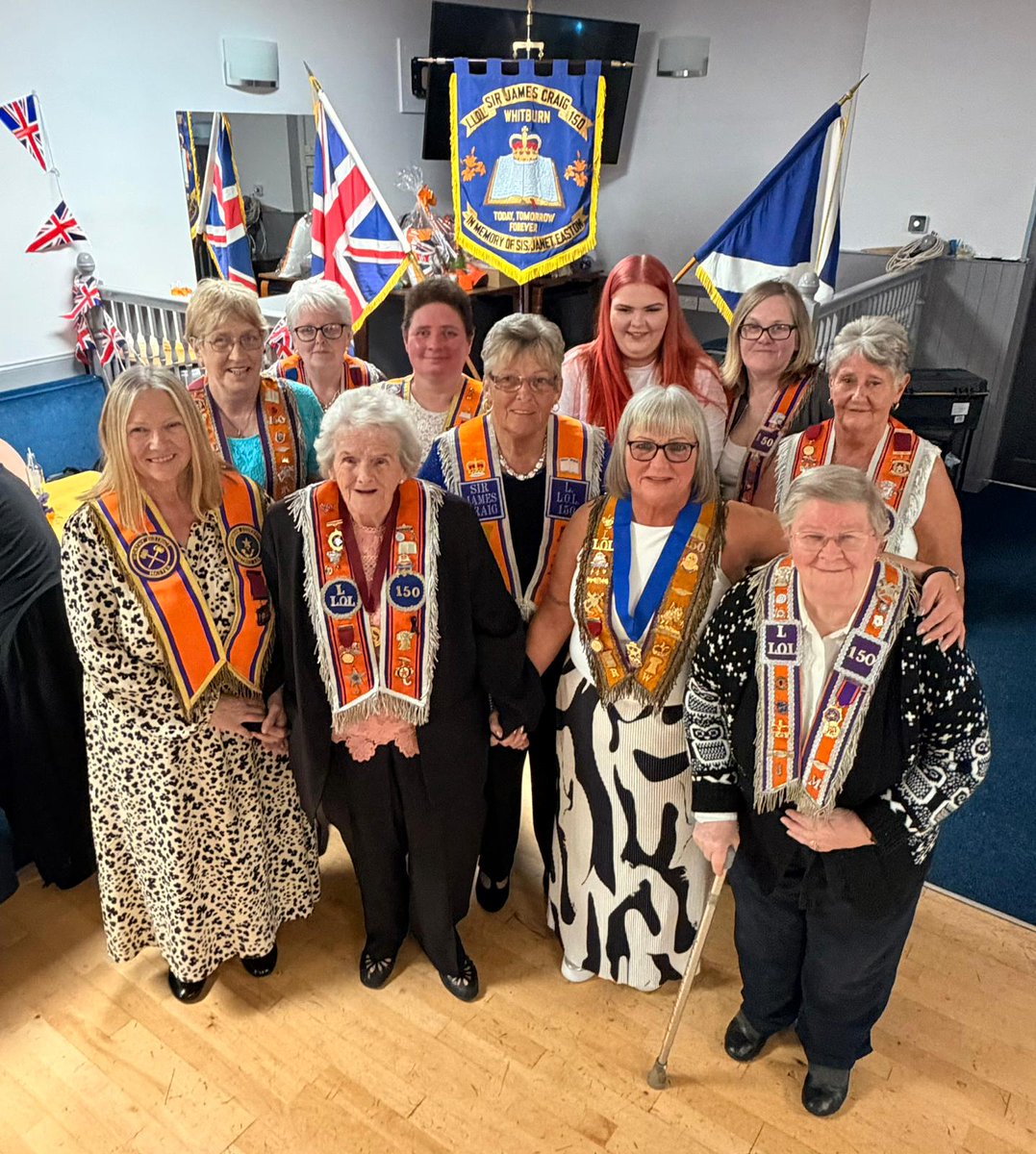 OrangeOrderScot's tweet photo. Grand Lodge extend congratulations to the Sisters of Sir James Craig LLOL 150, Whitburn on the occasion of their centenary. A celebratory dinner was held on Saturday 16th May attended by the JDGM, Bro. Derek Menzies, alongside the Most Worthy Grand Mistress, Sis. Kirsty McAinsh. https://t.co/N26cVaxIGz
