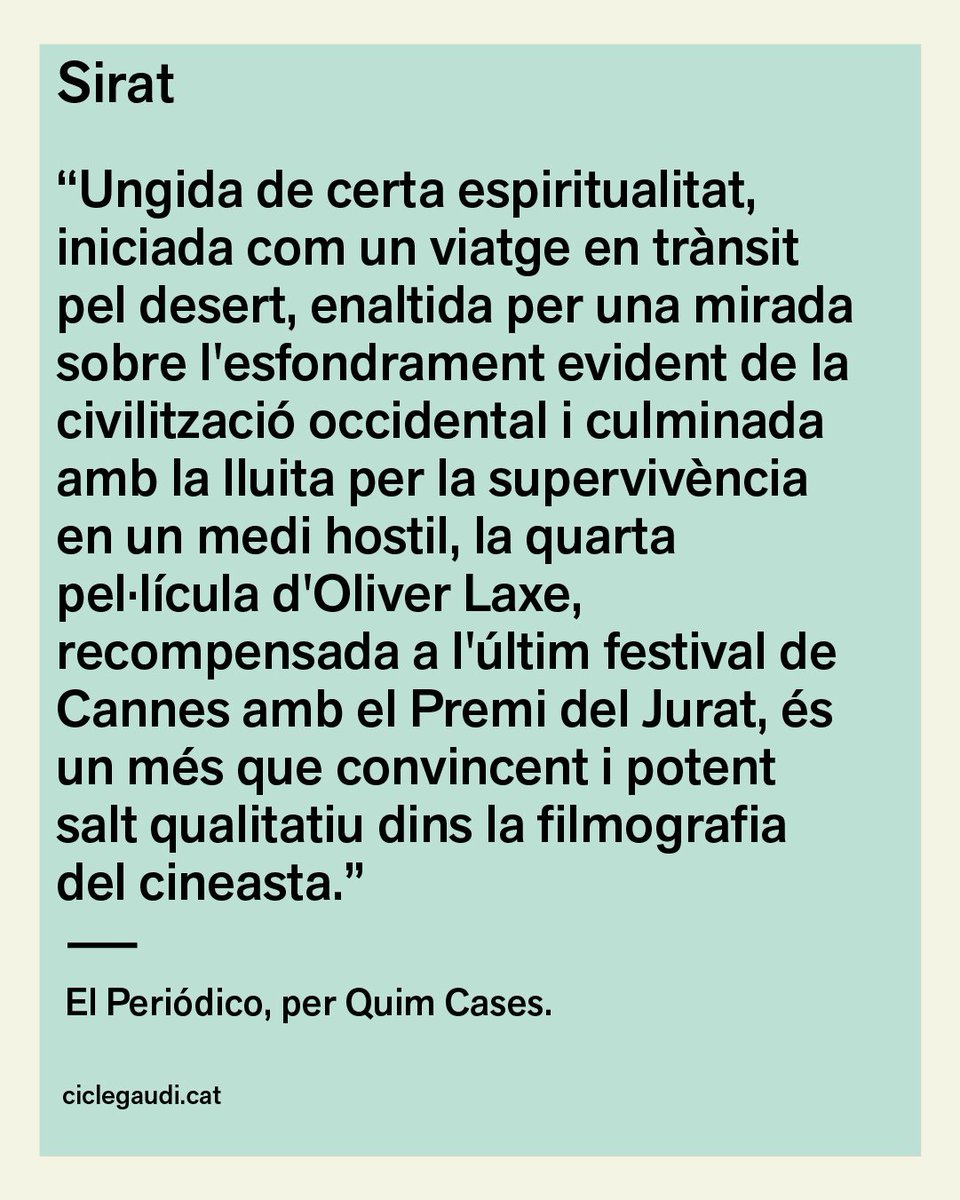 CicleGaudi's tweet photo. ✍🏻 La crítica parla de Sirat
Un recull d'algunes de les opinions sobre la darrera pel·lícula d’Oliver Laxe, una proposta radical i lliure que ha fet camí als grans festivals i premis nacionals i internacionals.

I tu, què en penses de Sirat?

📍Busca la sala més propera a https://t.co/AgWfdLPnFq