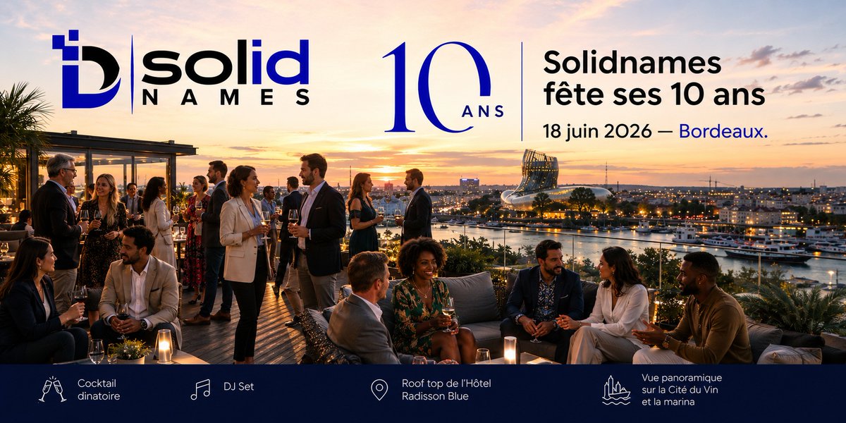 solidnames's tweet photo. 🎉 Solidnames fête ses 10 ans !

Rendez-vous le 18 juin 2026 à #Bordeaux pour une soirée conviviale autour des #NomsDomaine, de la PI et de l’écosystème numérique

🎟️ Évènement gratuit sur inscription obligatoire :

https://t.co/Attnj8DnaA

Au plaisir de vous y retrouver ! https://t.co/r3XgoRkojM