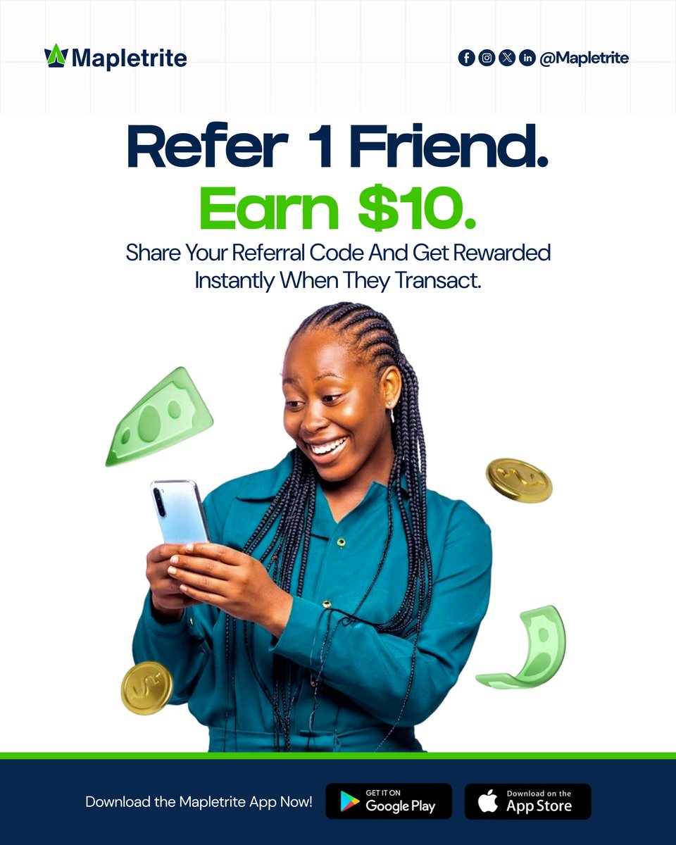 mapletrite's tweet photo. ๐ธ It pays to share!
Invite your friends to Mapletrite, and when they transact, you earn an instant $10 reward. Simple, fast, and rewarding. ๐
Start referring today and turn every invite into earnings.
#Mapletrite
#ReferAndEarn
#EarnWithMapletrite
#CashRewards
#FintechRewards https://t.co/xPpQtyOeFm