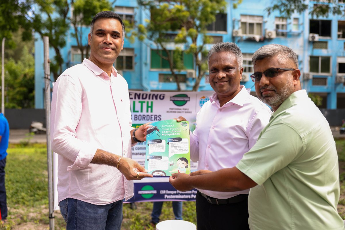 MaleCitymv's tweet photo. Mayor @adamazim  attended the launch of the "EHEE" Dengue Management Program in Villimalé, a CSR initiative by Pesterminators Pvt Ltd.
Effective pest control and eradicating mosquito breeding grounds remain a vital priority for our city's public health. However, sustainable success requires strong public support.

We kindly request all residents to help us stop mosquito breeding by emptying standing water from pots, clearing trash from yards, and ensuring roof gutters are clean. Managing Dengue requires collective action, and your support is essential to keeping our community safe.