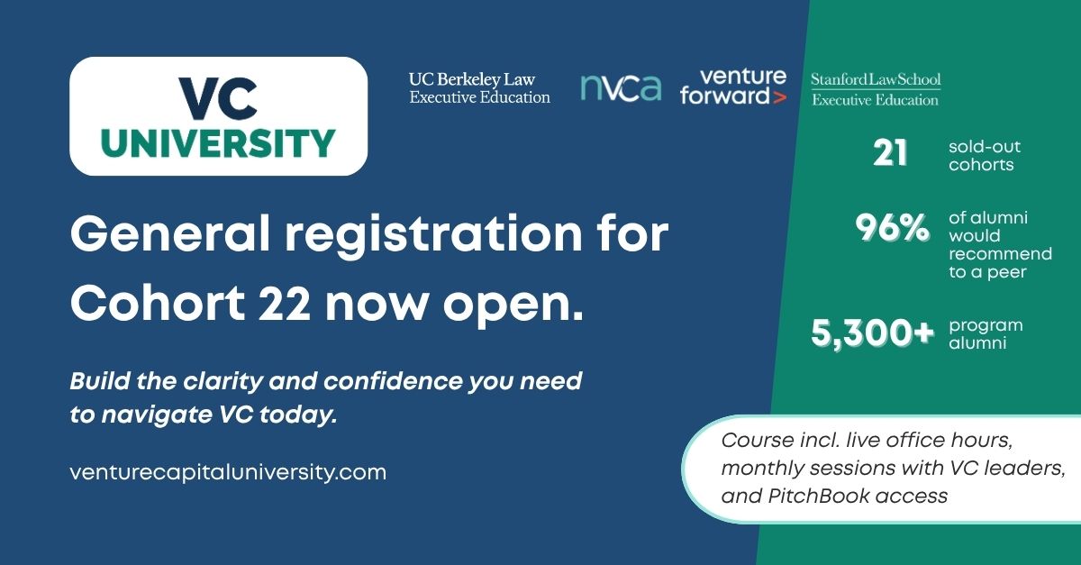 nvca's tweet photo. There’s no standard path into venture, but there is a common challenge: how to build credibility and navigate an opaque, relationship-driven industry.

VC University helps provide that structure.

General registration is open. Cohort 22 starts June 1. https://t.co/tR72qUaGAz