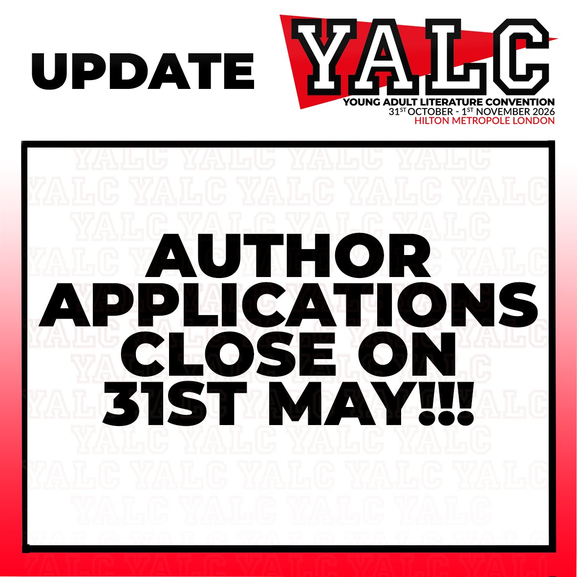 YALC_UK's tweet photo. The author applications are closing this weekend, on  31st May!!! Make sure you do not leave it too late to apply for YALC 2026!

Tag your favourite authors or publication houses to remind them to apply!

We can not wait to share who will be attending YALC 2026!!!

#yalc #yalc2026 #yalcauthors