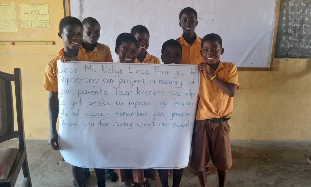 TekchillsF's tweet photo. We thank Ms. Robyn for supporting our Books for Rural Schools Project in memory of her parents. 

At Elavanyo D/A Basic School, her donation is giving children books, hope, and a better future. 

#literacy #sdg4 https://t.co/7pvJIbDvuO