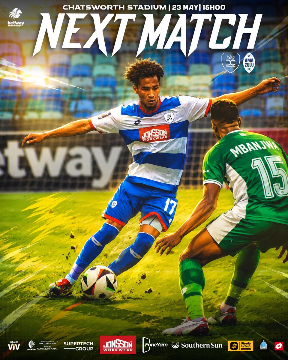 DurbanCity_FC's tweet photo. FINAL GAME. HOME TURF. KZN DERBY.

This Saturday, we face @AmaZuluFootball at Chatsworth Stadium for one final battle

Be there. Fill the stands. Make it count.🌊

🗓 23 May 2026
⏰ 15:00

#DurbanCityFC #OurTeamOurCity
#betwaypremiership https://t.co/IqadMiUeMa