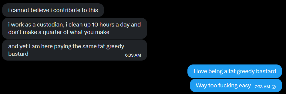 AlphaGooner's tweet photo. Life's unfair 🥴
I am unemployed and live like a CEO
All I have to do is poke My fingers and you pieces of shit will crawl at My feet

I will never work
I will never have to lift a finger
That's what you disgusting fxgs are for 🤣 🖕🏻 https://t.co/Z8zMdorxMs