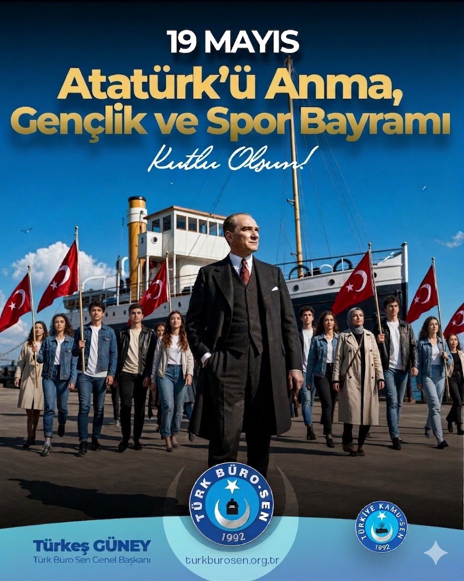 TurkBuroSenGM's tweet photo. 📌 19 Mayıs 1919; Aziz Türk Milleti’nin esareti reddedip bağımsızlık iradesini tüm dünyaya haykırdığı, Gazi Mustafa Kemal Atatürk’ün Samsun’dan yaktığı istiklal meşalesinin Türk Milletinin sarsılmaz azmiyle zafere dönüştüğü kutlu bir dönüm noktasıdır.

📌 Başta Cumhuriyetimizin banisi Gazi Mustafa Kemal Atatürk olmak üzere, Millî Mücadele’nin tüm kahramanlarını, aziz şehitlerimizi ve gazilerimizi rahmet, minnet ve saygıyla anıyor; gençliğimizin emaneti olan Türkiye Cumhuriyeti’nin ilelebet payidar kalacağına olan inancımızla 19 Mayıs Atatürk’ü Anma, Gençlik ve Spor Bayramı’nı kutluyoruz.